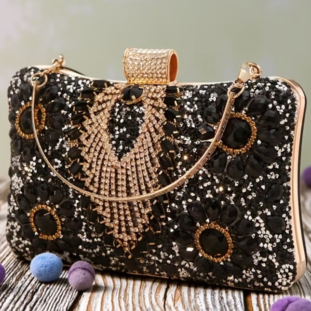 Elegant Black Beaded Evening Clutch with Gold Accents